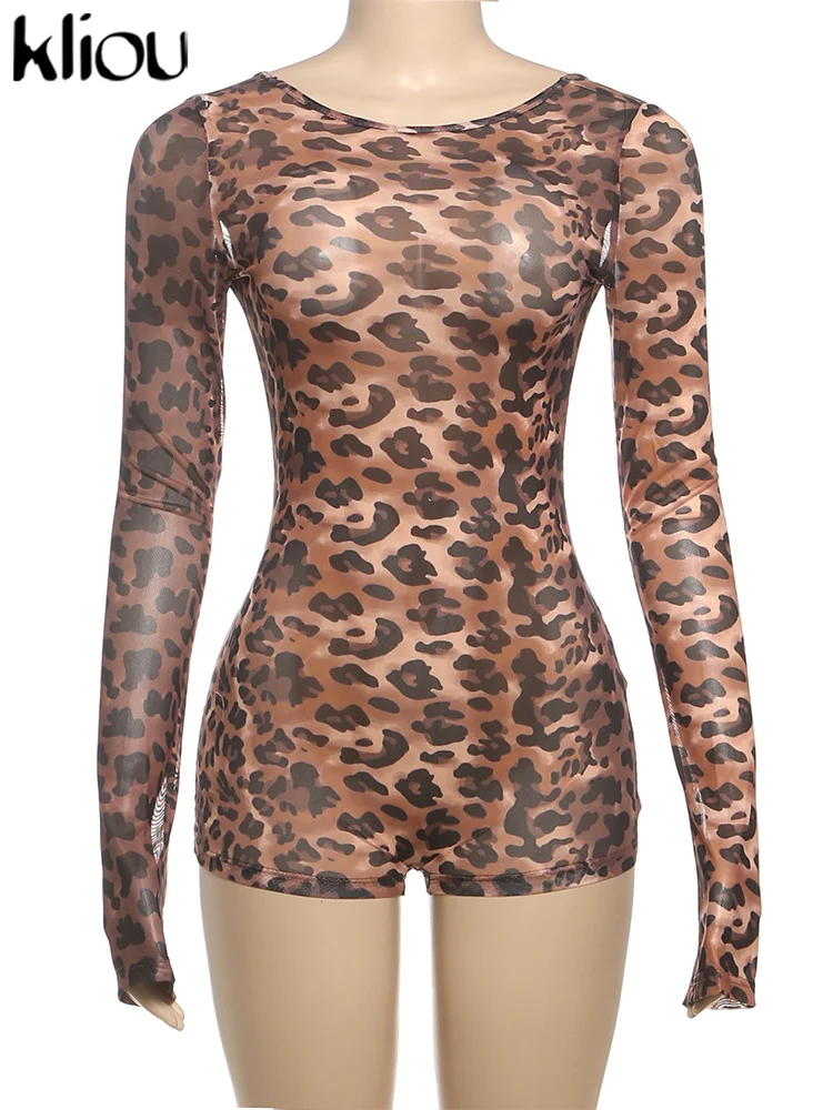 kliou Mesh Leopard Frauen Playsuits Sexy Hot Dünne Durchsichtig Backless Volle Hülse Körper-gestaltung Romers Weibliche Atemberaubende Clubwear – Detail 2