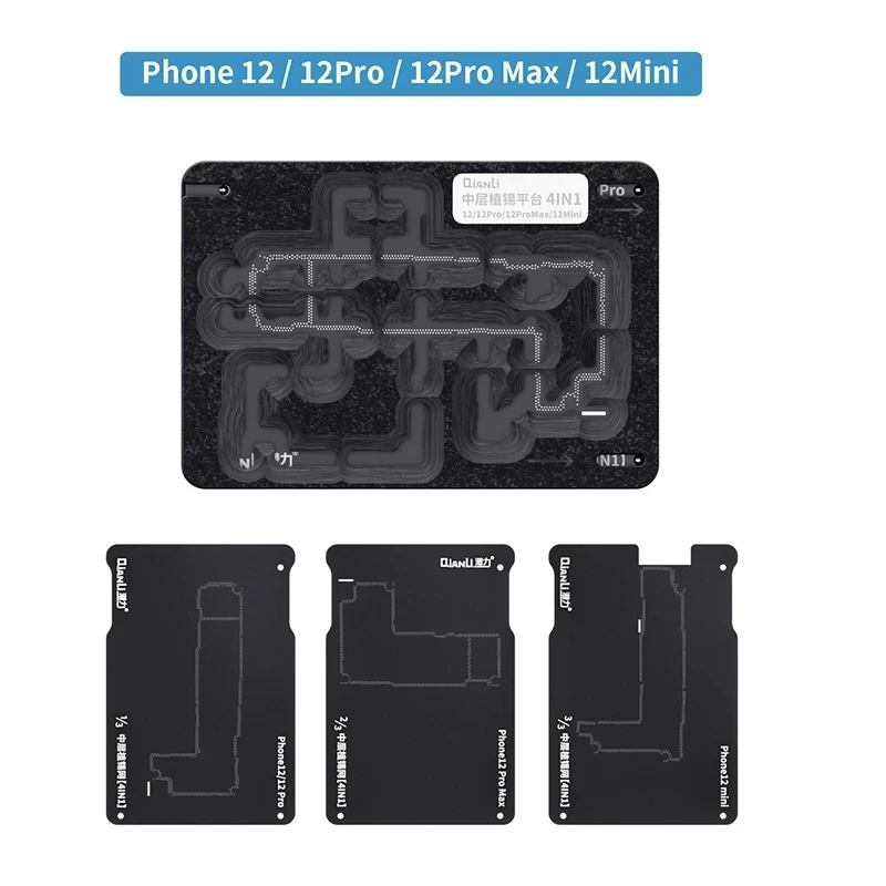 

Трафарет Qianli BGA для реболлинга для iPhone 12, 12 Pro, 12 Pro Max, 12 Mini системная плата, посадка средней рамки, жестяное крепление, 4 в 1