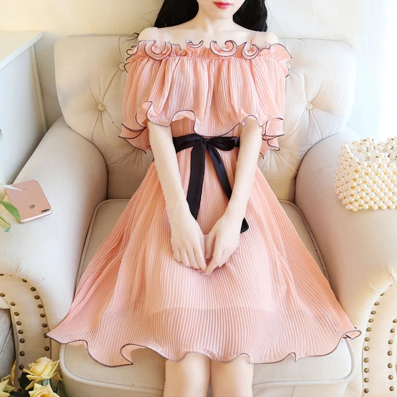

Women Spring Summer Dress Off Shoulder Sling Falbala Chiffon Dresses Bow Tie Waistband Slim Elegant Fashion Female Clothing New
