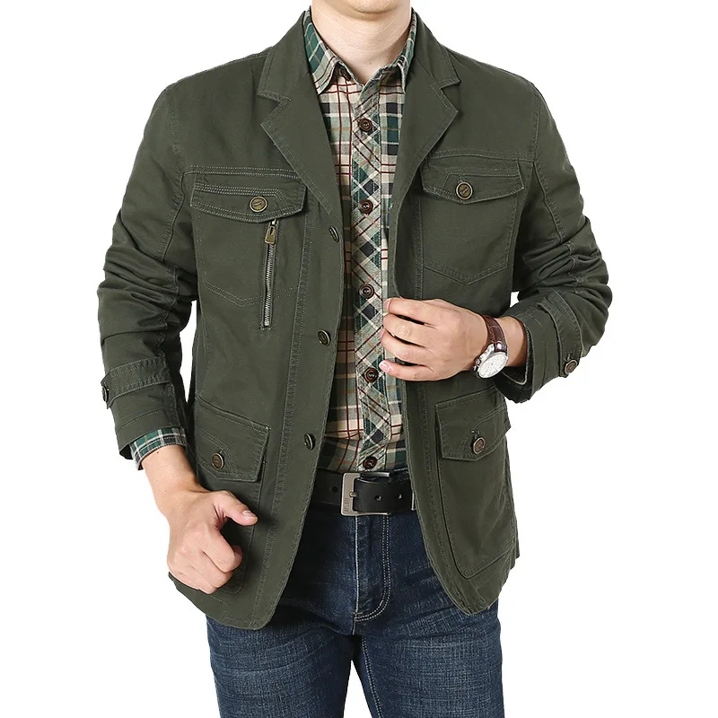Spring Fall Men Military Blazer Jacket Autumn Casual Cotton Washed Solid Coats Army Bomber Suit Jackets Denim Cargo Trench