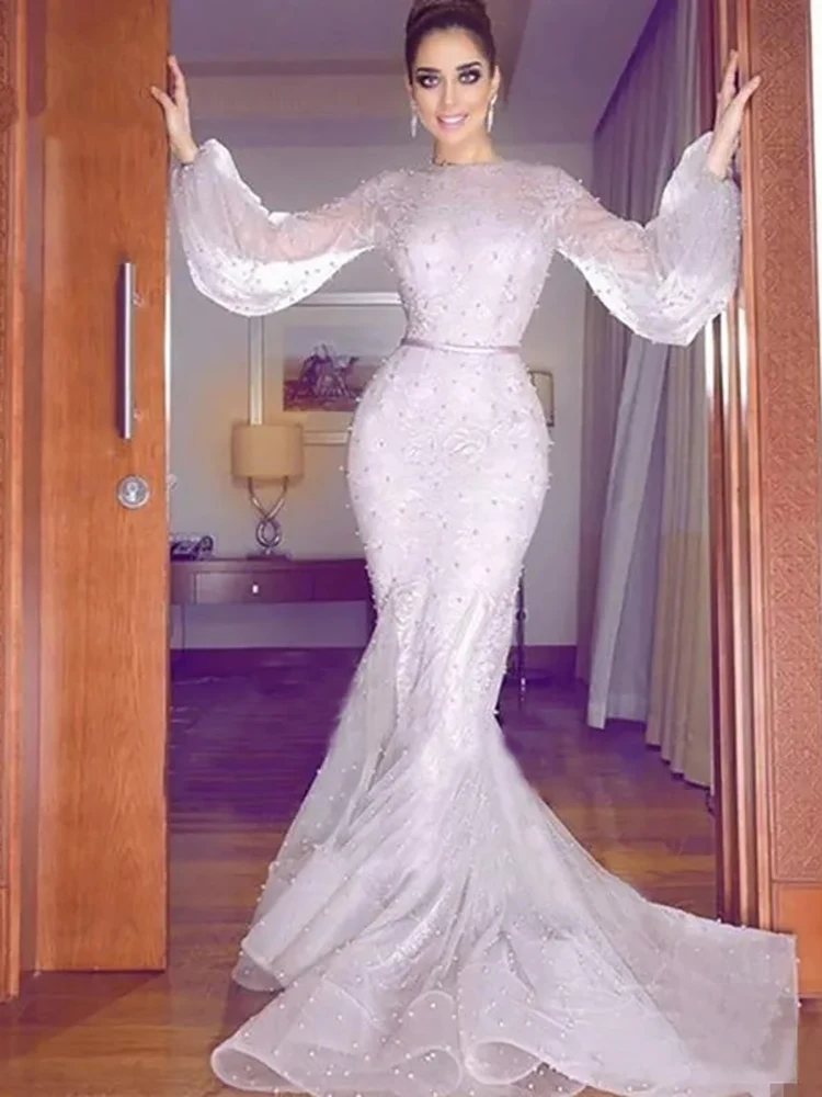 

Fabulous Mermaid Lace Mermaid Wedding Guest Evening Prom Dresses for Bride Long Sleeves Pearls Special Summer 2023