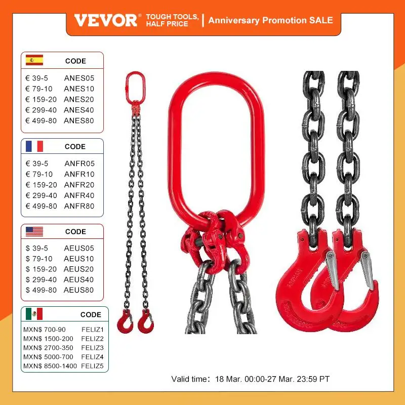 VEVOR 2T 3T Capacity Chain Sling 5/16 x 6' Double Leg with Steel Hook Grade 80 Alloy Steel Heavy Duty for Lifting or Moving