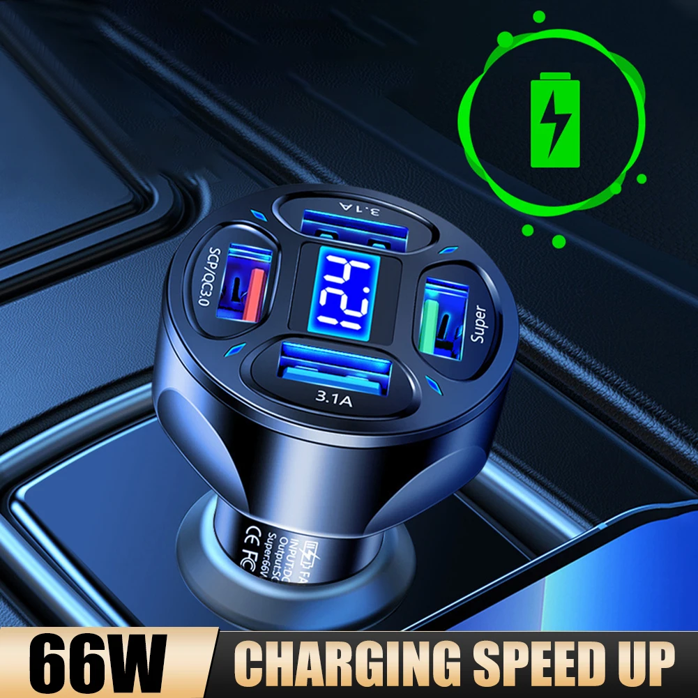 

120W Car Charger 12V/24V 4 USB Ports 66W Fast Charging Cigarette Lighter Adapter LED Voltmeter For Huawei Xiaomi iPhone Samsung