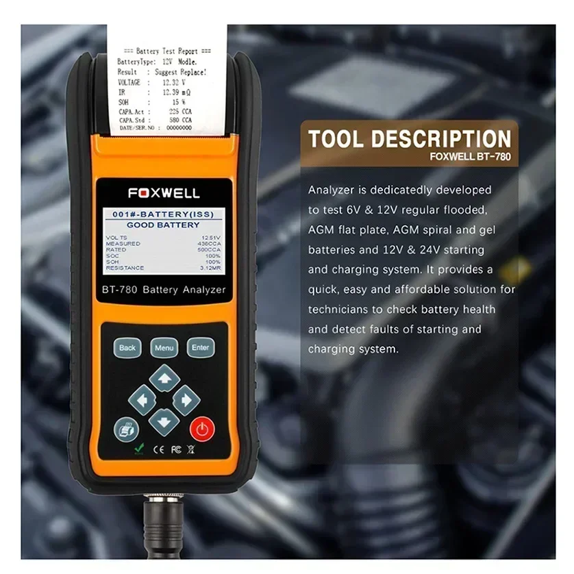 A + FOXWELL 배터리 테스터, 자동차 AGM 젤 EBP 배터리 분석기, 내장 프린터, 자동차 액세서리 배터리 모니터, BT780, 12V, 0-1000A