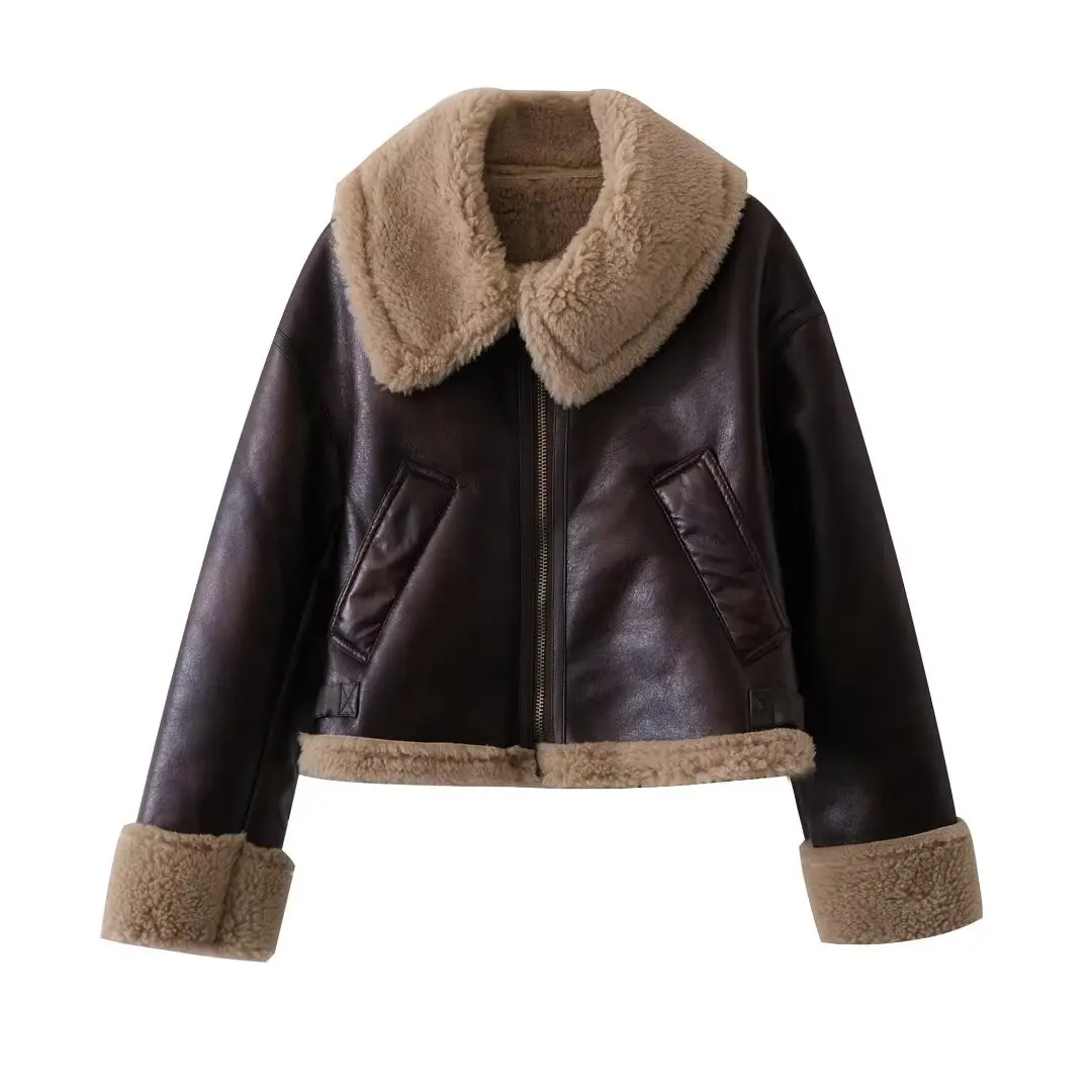 

Women's 2023 Winter Fashion Casual Thick Warm Fur Artificial Leather Short Jacket Coat Retro Long Sleeve Zipper Chic Top.