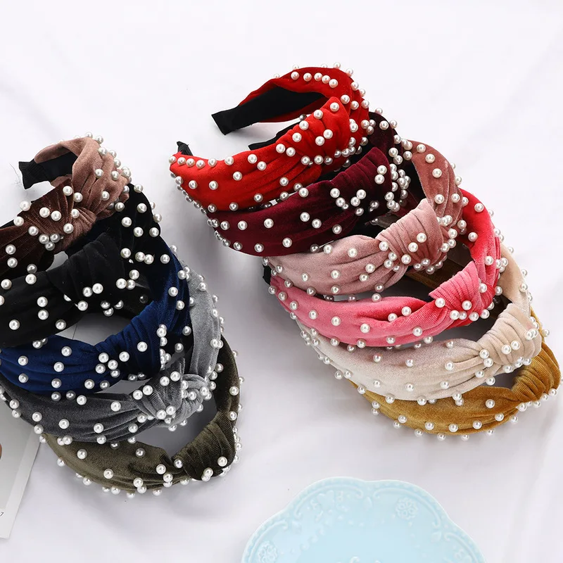 

Velvet PEARL Hairband for Women Ladies Headband Solid Hair Loop Retro Headwear Female Hair Accessories Headwraps