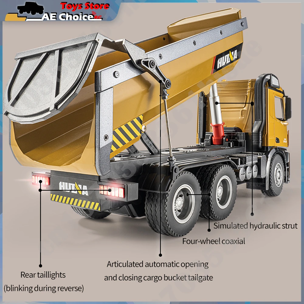 HuiNa 1573 1/14 RC Dump Truck 10-Channel 2.4G Alloy Remote Control Loader Truck  Engineering Vehicle RC Toy Gift for Boy 6