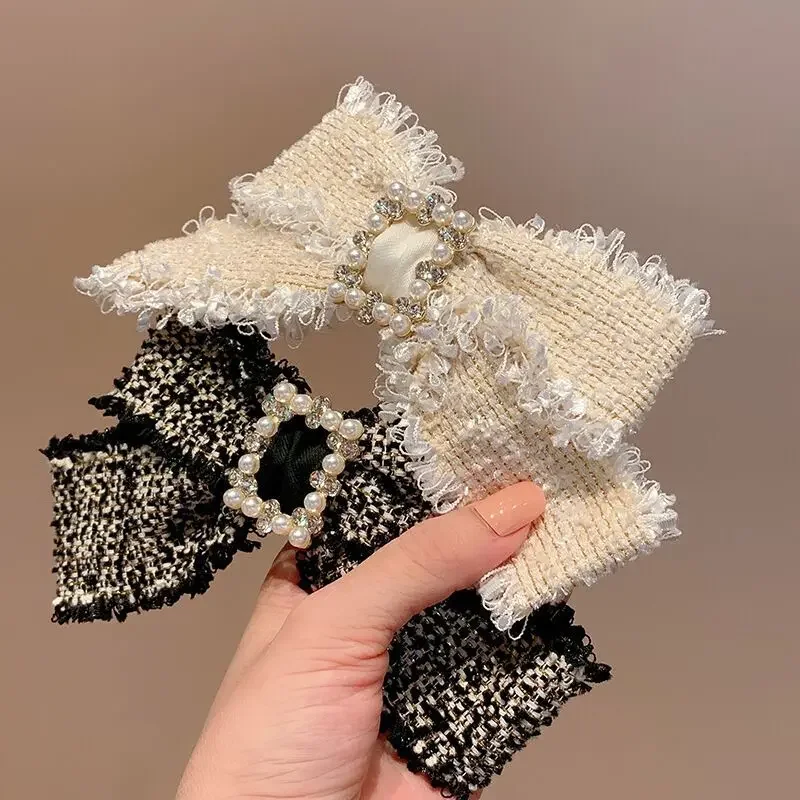 

Тканевые заколки для волос с бантом и искусственными жемчужинами и кристаллами для женщин, женские роскошные украшения ручной работы, головные уборы, корейские аксессуары для волос