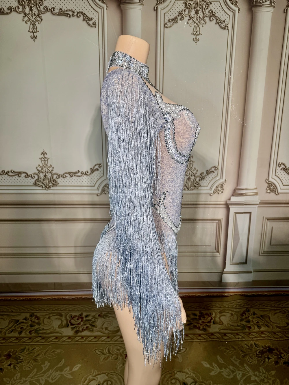 Women Rhinestones Bodysuit Long Sleeve Fringes Sexy Mesh Performance Dance Costume Nightclub Singer Dancer