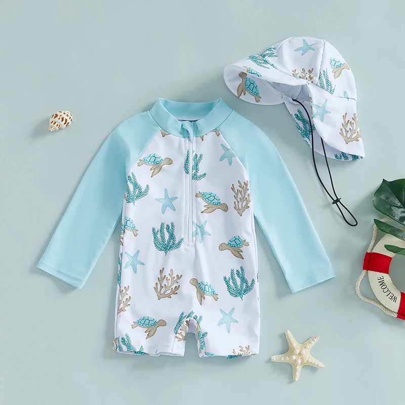 Kids Swimsuits Summer Casual Dinosaur/Sea Creature Print Zipper Rash Guard Swimsuit and Hat
