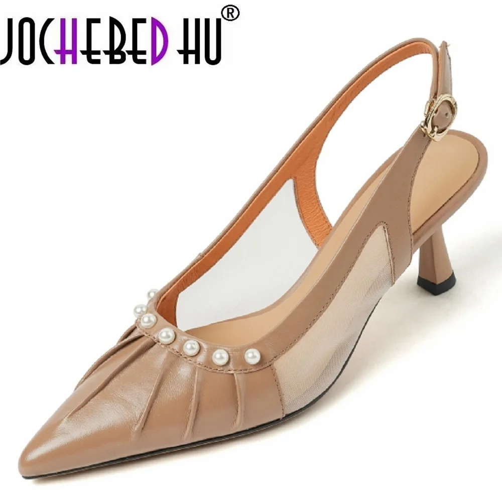 

【JOCHEBED HU】Summer Women Genuine Leather Shoes Pearl Decoration Pointed Toe Sandals High Heel Shoes for Cover Toe Stiletto