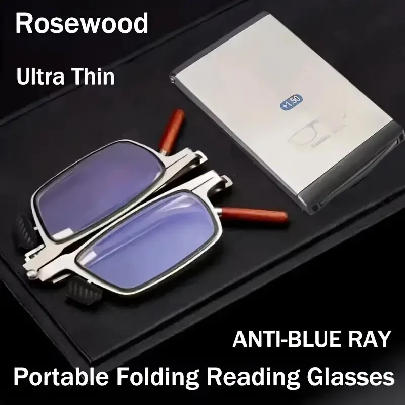 Reading Glasses Ultra Thin Rosewood Folding Portable Ultra-light Finished Eyeglasses Compact With Glasses Case 1.0-4.0