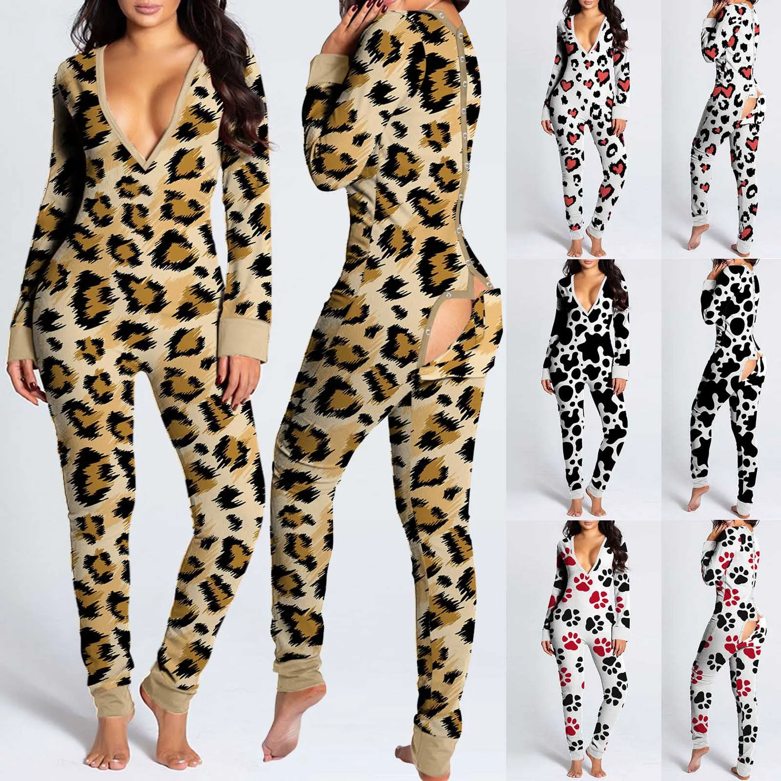Sexy Leopard Women Pajamas Onesies Jumpsuits Functional Buttoned Flap Adults Pyjama V-neck Long Sleeve Jumpsuit Female Sleepwear