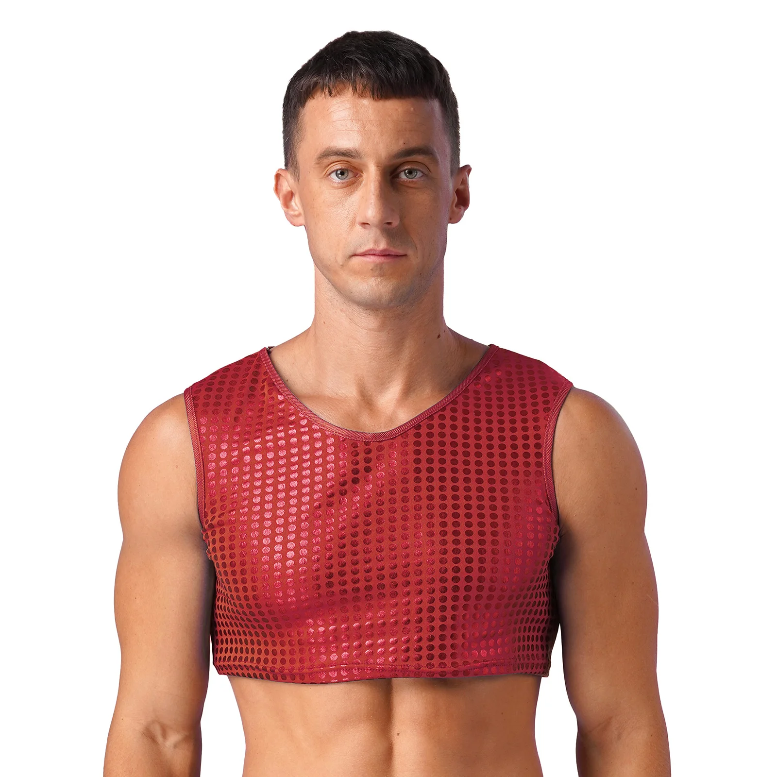 

Mens Clubwear Sparkly Sequin Crop Tank Tops Short Sleeve Muscle Showing Dance Singlets Nightclub Halloween Costumes