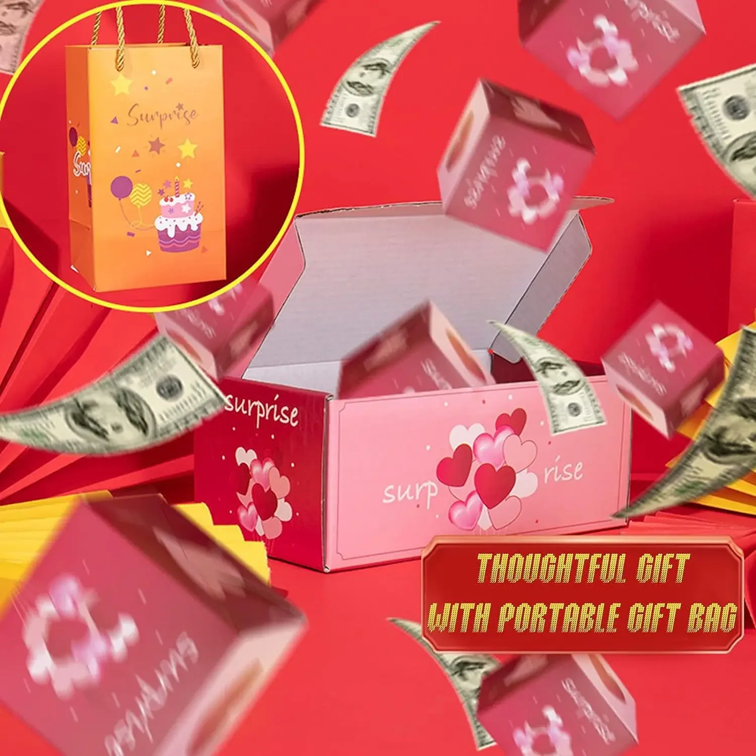 Surprise Gift Box Explosion For Money,Unique Folding Bouncing Red Envelope Gift  Box With Confetti,Cash