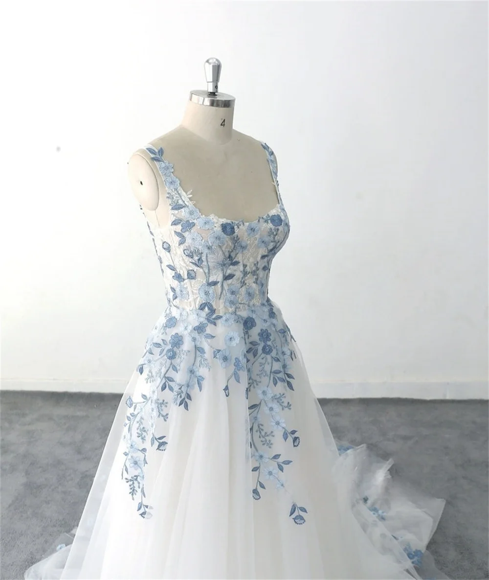 Kyoto Light Blue Floral Embroidery Wedding Dress Sleeveless Square Neck vestidos de novia Customized A-line Fairy robe de mariée 3