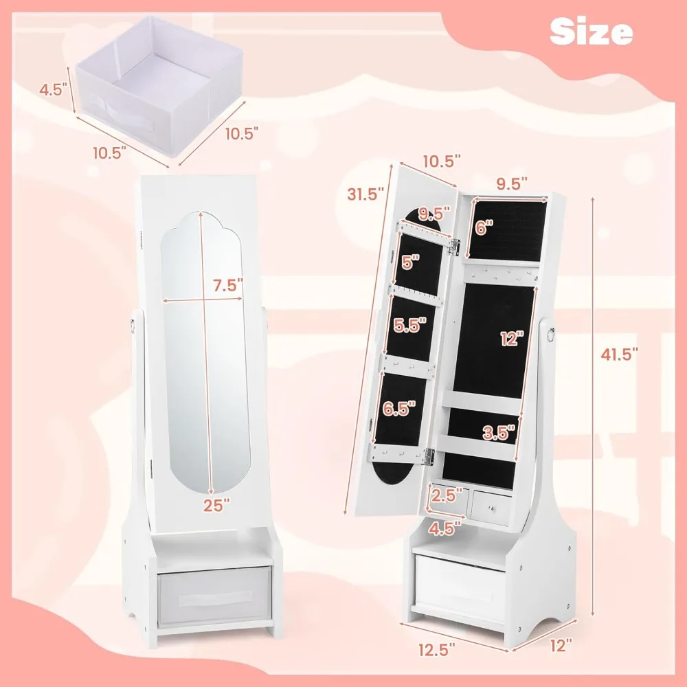 Kids Jewelry Armoire Cabinet, 41.5" Standing Wooden Standing Jewelry Organizer with Full-length Mirror and Storage Box