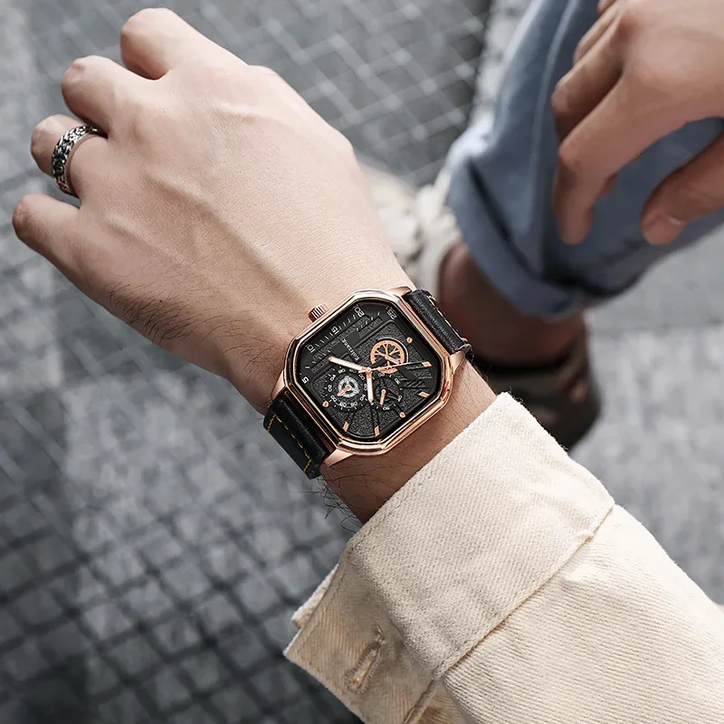 YIKAZE Men's Quartz Watches Alloy Dial Business Men Watch PU Leather Strap Square Sports Watch Cool Black Wristwatch for man 3