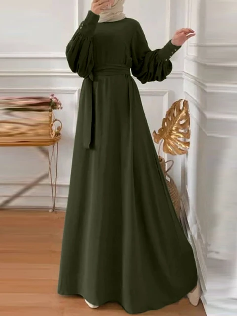  - ZANZEA Women Vintage Muslim Abaya Maxi Long Dress Spring Sundress Casual Lantern Sleeve Solid Dubai Turkey Abaya Hijab Dress
