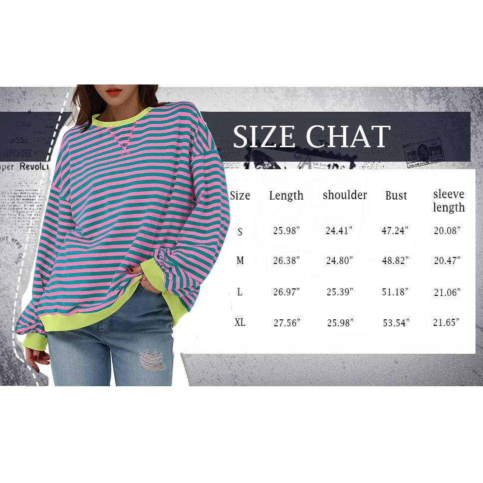 New Women'S Oversized Striped Color Blocking Long Sleeved Round Neck Sports Shirt Casual Loose Fitting Pullover Shirt Top