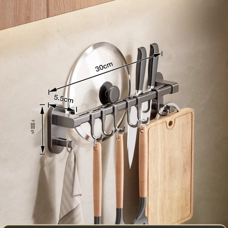 Kitchen Hook Rack No Hole Hanging Rod Wall Mounted Shelf Multifunctional Spatula Spoon Storage Hanging Shelf