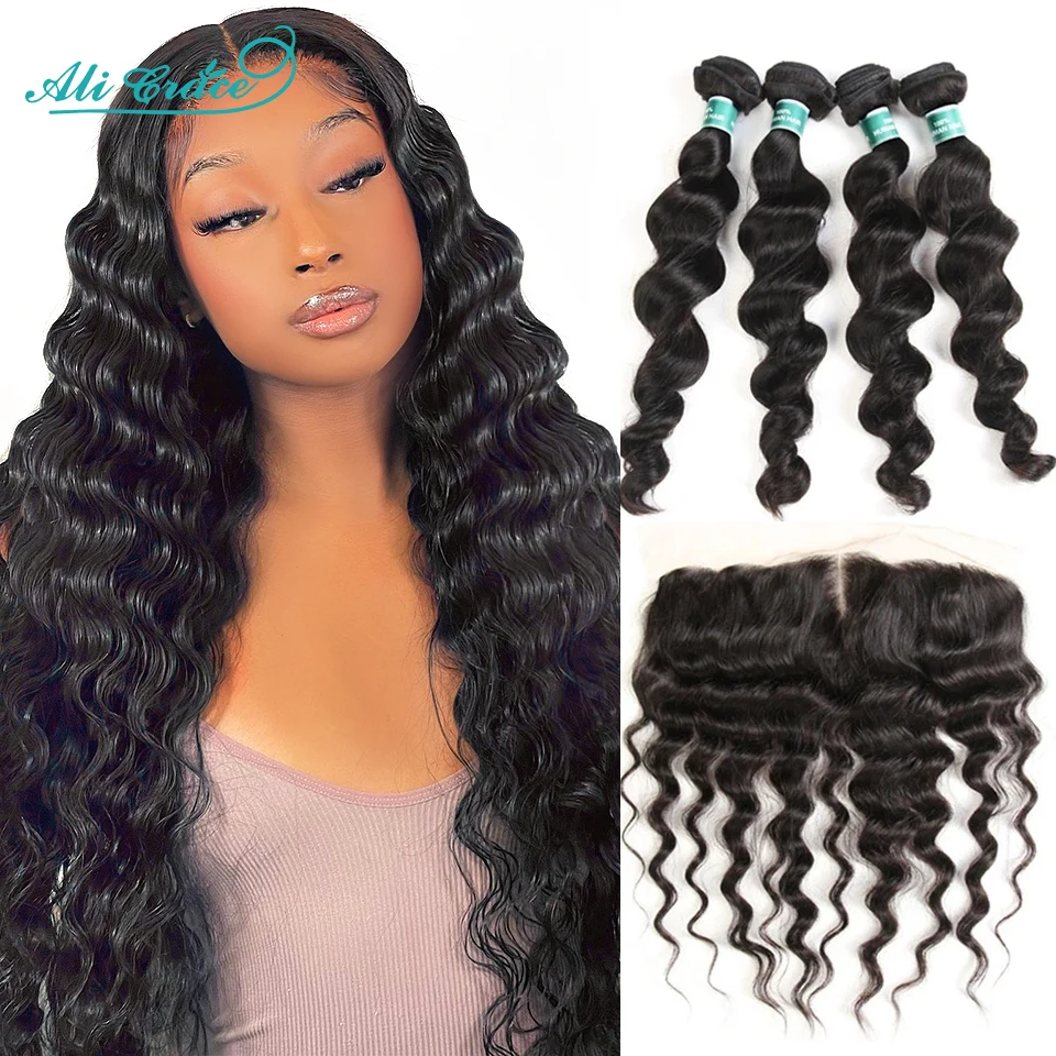 

Ali Grace Hair Loose Wave Bundles with Frontal 13x4 Middle Part Brazilian 3 Bundles with Closure Ear to Ear Medium Brown Lace