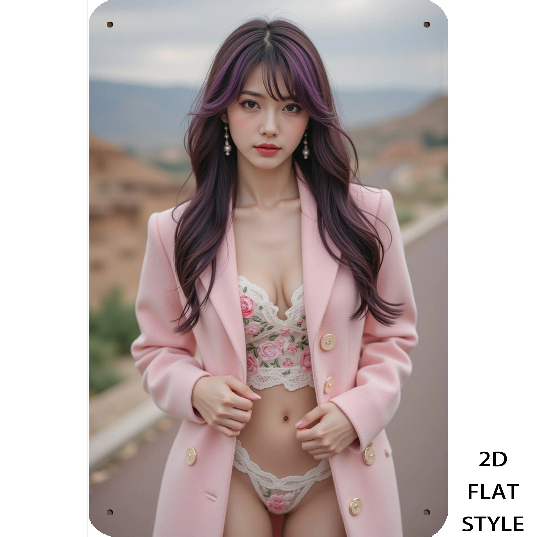 빈티지한 아시아 여성 금속 틴 사인 - 핑크색 오버사이즈 코트와 꽃무늬 레이스..