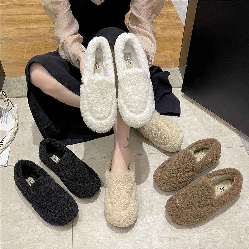 

Туфли женские без шнуровки, лоферы с круглым носком, меховые повседневные кроссовки, универсальные модные с закрытым носком, без застежки, зимний Мокасины, 2023