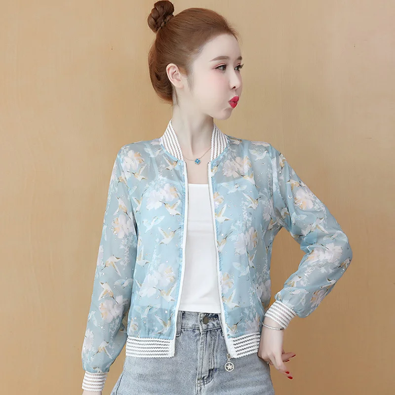 

#5332 летняя шифоновая бейсбольная куртка, Женская винтажная Повседневная прозрачная одежда на молнии, тонкие короткие солнцезащитные женские куртки на молнии