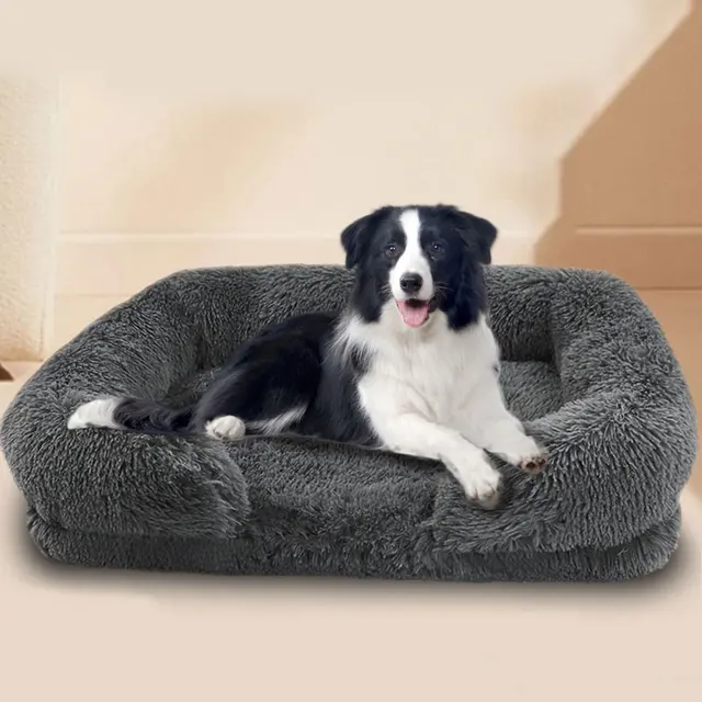 Plush square large dog bed for all seasons, comfortable and soft cat sofa bed with raised edges, removable plush cover dog bed, 3