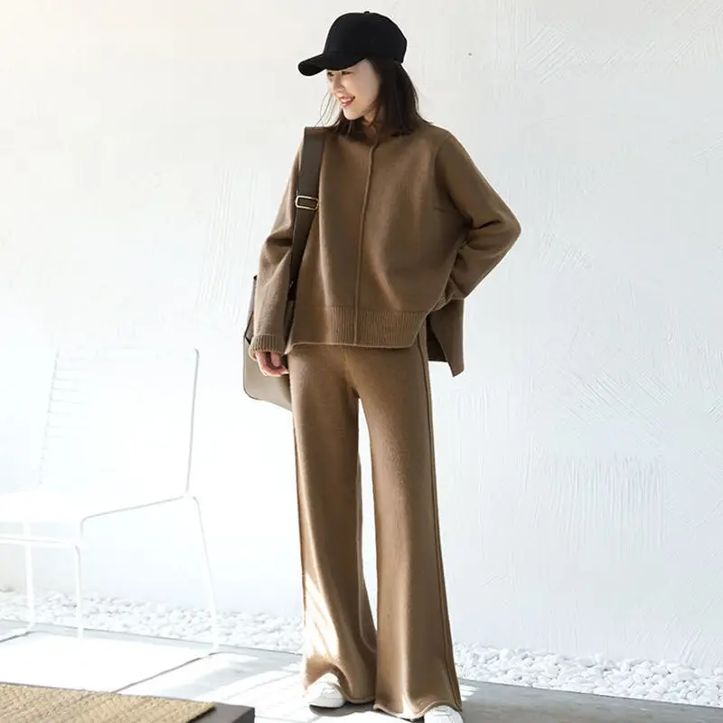 

New Casual Two-Piece Sweaters Jacket Women Autumn Knitted Suit Fashion Solid Sports Pullovers and Pants Set T05