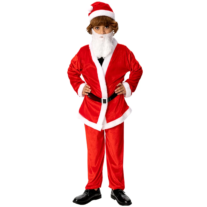 3-11 Years Boys Santa Claus Cosplay Clothes Children Christmas Party Costume with Hat Beard Belt