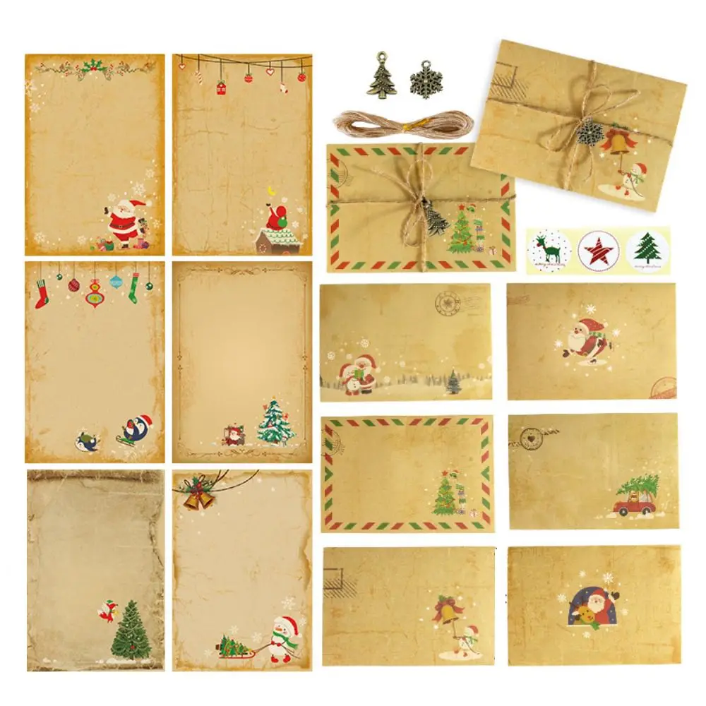 

1 Set Vintage Christmas Kraft Letter Writing Paper Santa Claus Snowman Brown Letterhead Envelopes Party Invitation Greeting Card