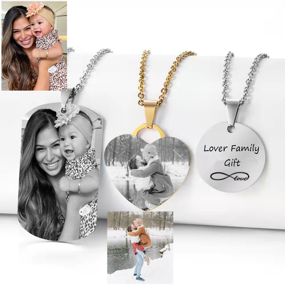 Personalized Photo Necklace for Women Titanium Steel Jewelry Custom Name Text Heart Round Gold Pendant Choker Collar Family Gift