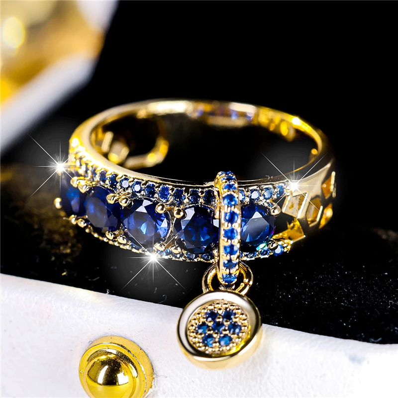 Luxury Female Blue Round Zircon Stone Engagement Ring Yellow Gold Color Wedding Jewelry For Women