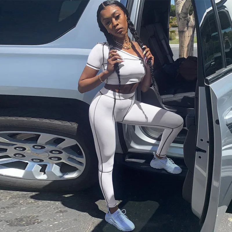 Summer Striped Tracksuit Fitness Single Shoulder Sexy Crop Top And Sweatpants Women's 2 Piece Sets Outfits Clothes Ropa De Mujer