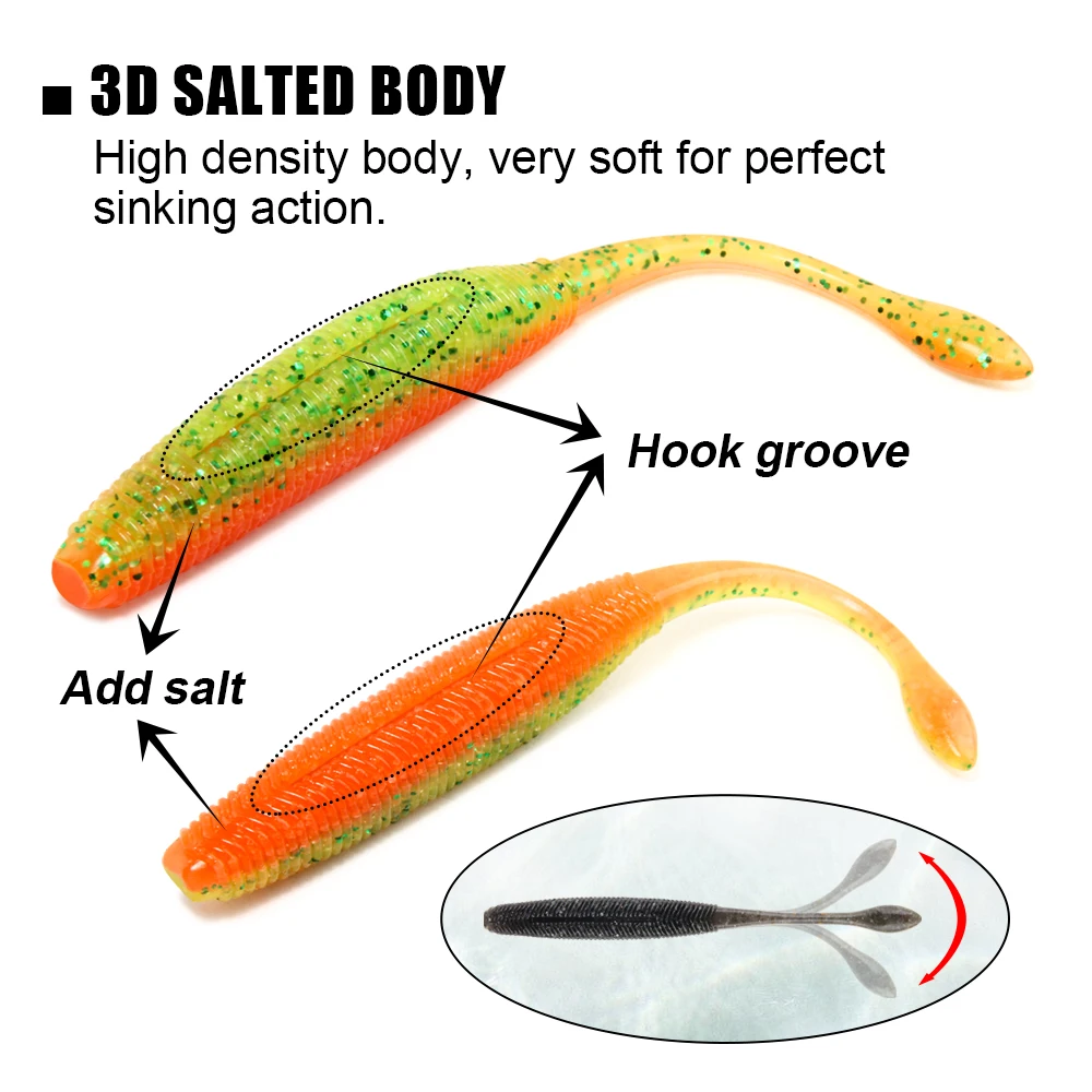 Soft Fishing Lures With Salt & Attractant – Double T Tail Design, 9.3g, 89mm Worm Bug Lures (Pack Of 6)