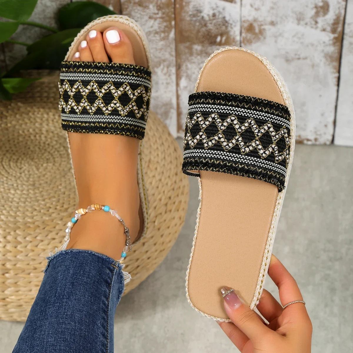 Slippers Summer Shoes for Women Platform Summer Fashion Beach Slippers Casual Flat Sandals Bohemian Handmade Weave Ladies Shoes