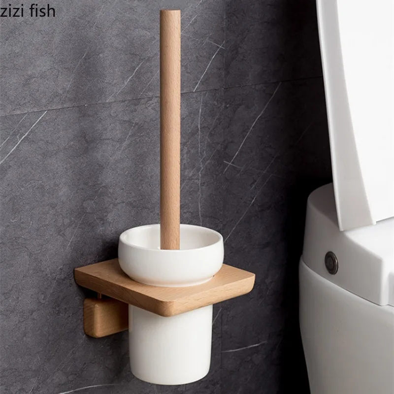 Bathroom Toilet Brush Set Wood Brushes Ceramic Base Wall Mounted No Punch Cleaning Brush Holders Bathroom Accessories