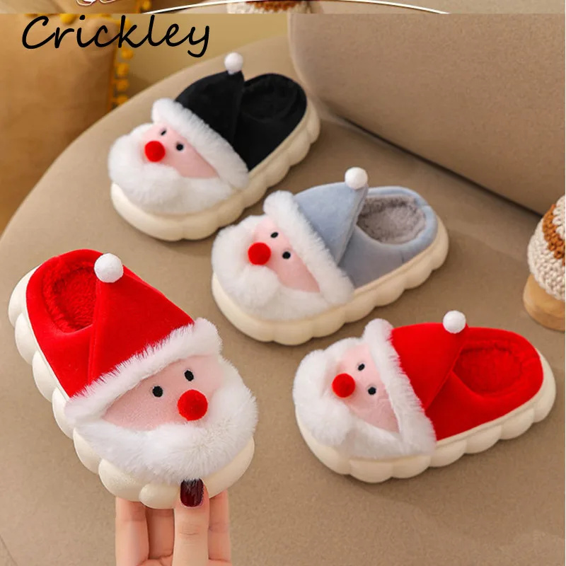 thumbnail image 2 of Pantuflas navideñas de Papá Noel para niños, de invierno, antideslizantes, con dibujos animados, para niños y niñas, de felpa, cálidas, con fondo suave, para el hogar, 2 of 5