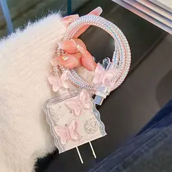 Pink Crystal Butterfly Charging Data Cable Protector and Winder Accessory with Cartoon Charger Cover (Pink)
