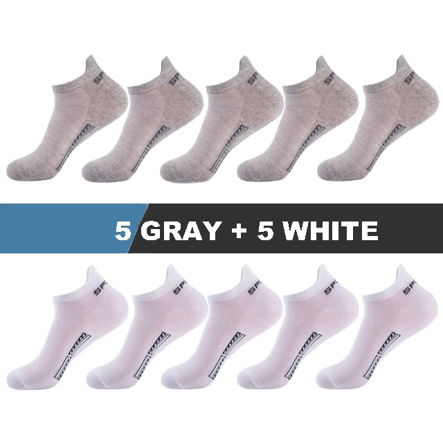 10Pairs/Lot High Quality Men Socks Ankle Breathable Cotton Sports Socks Mesh Casual Athletic Summer Thin Cut Short Sokken Gifts 5 gray 5 white