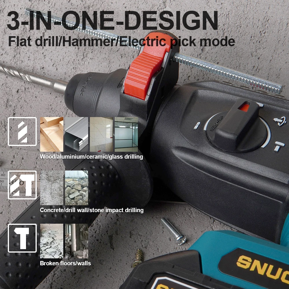 Snuok No Battery 18V Brushless Electric Rotary Hammer 4500Bpm Car Home Repair DIY Electric Drill Makita 18V Lithium Battery electric hammer drill