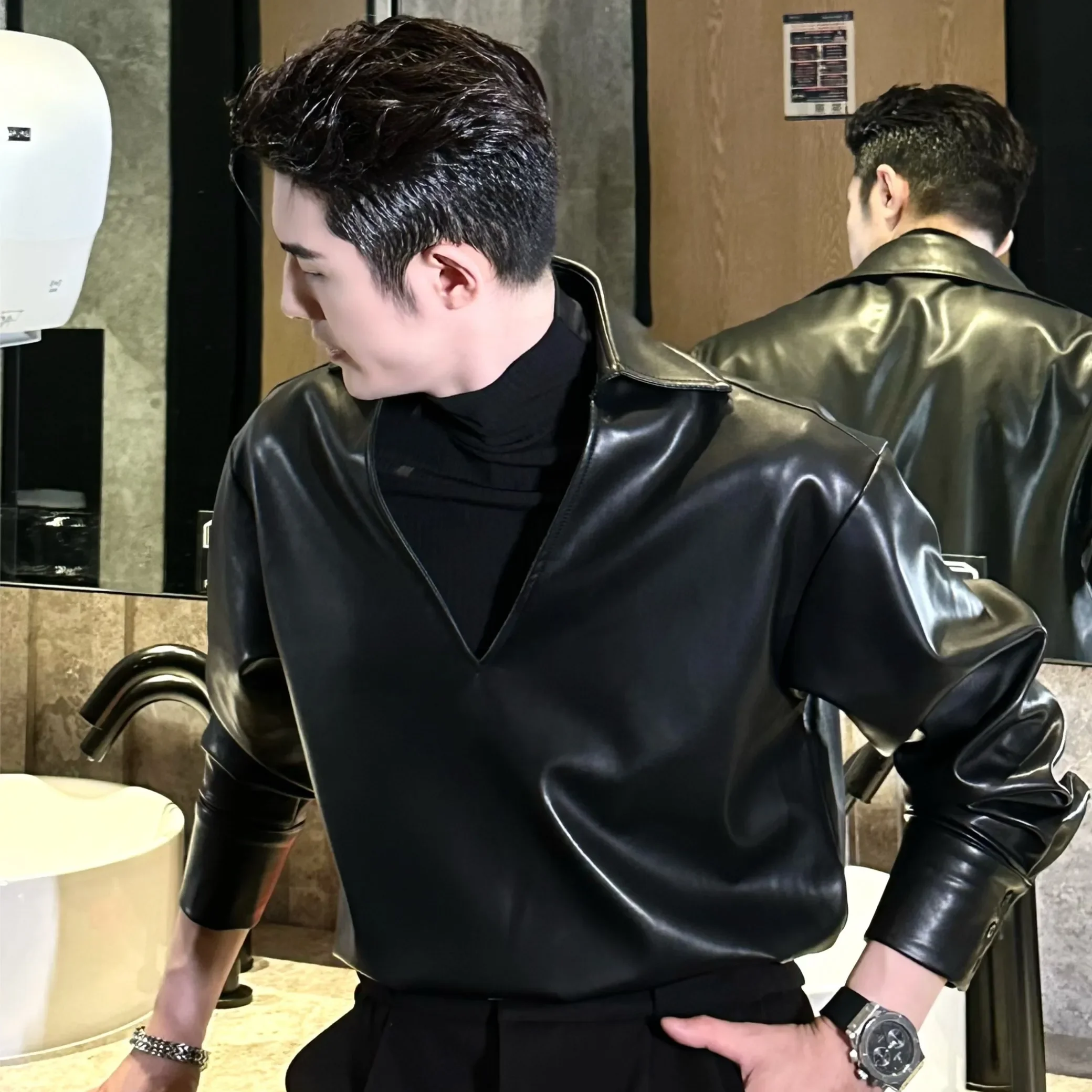 

S-6XL 2024 New Men Women's Clothing Catwalk Street Yamamoto Style PU V-neck Niche Leather Shirt Coat Lovers Plus Size Costumes