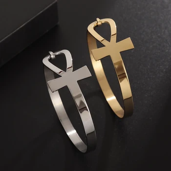 Egyptian Symbol Ankh Cross Life Cuff Stainless Steel Bracelet For Women Men Religious Amulets Jewelry Gift Accessories