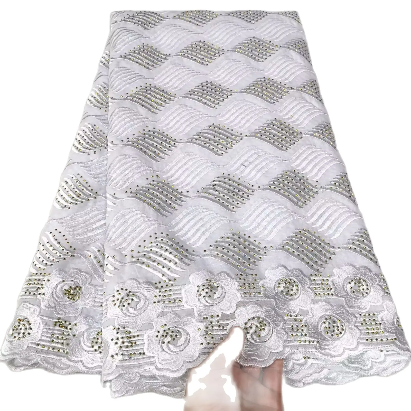 

Good Quality African Lace Fabric Cotton Material Dubai Swiss Voile White Color With Stones For Sew Wedding Dress 5yards