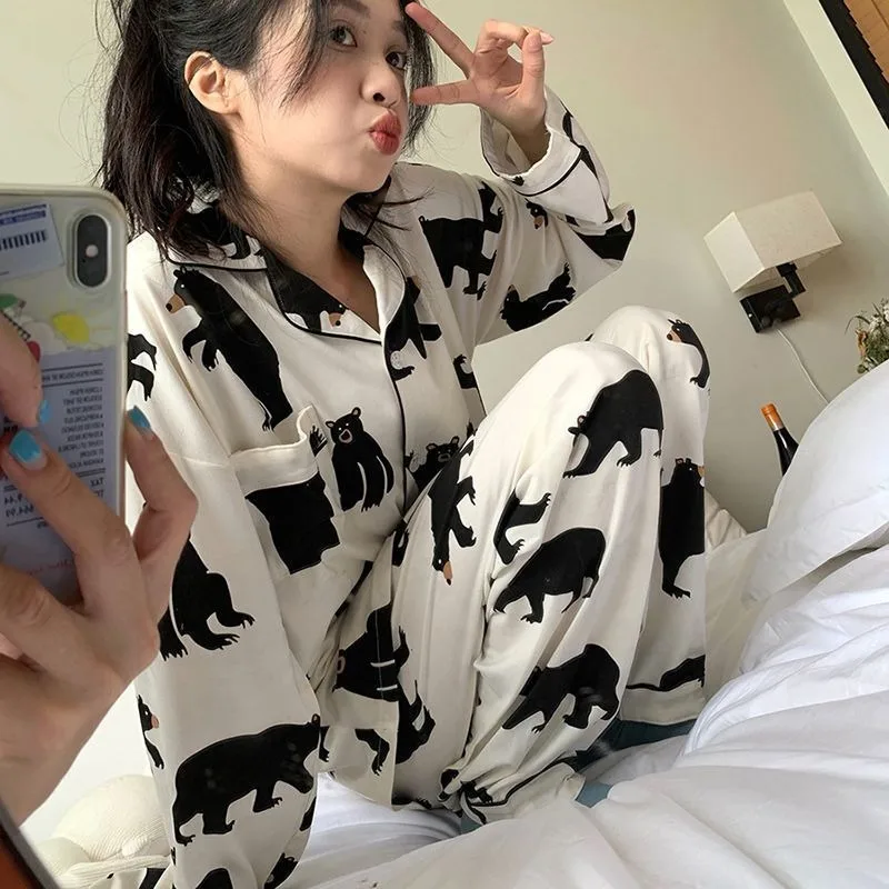 2023 New Simple Long Sleeve Pajamas Women's Autumn Girls Loungewear V-neck Long Pants Sleepwear Falbala Loose Homewear Set