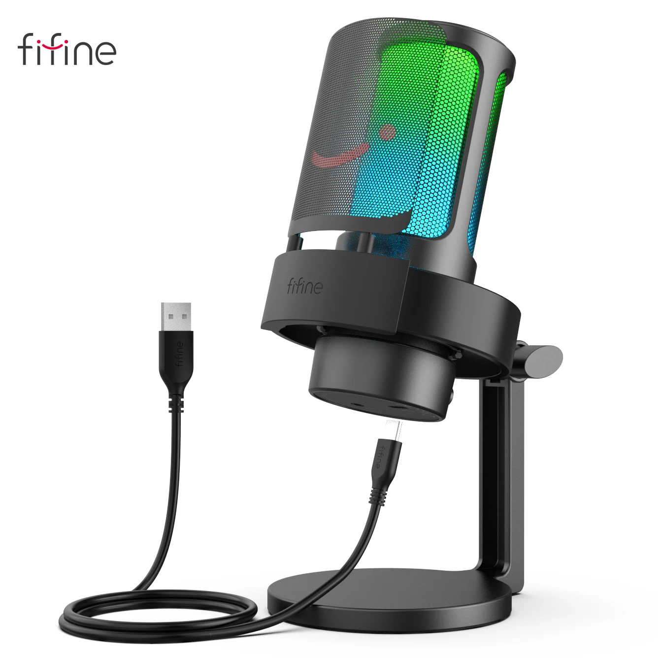 FIFINE Microfone USB  para gravação e streaming no PC e Mac, saída para fone de ouvido e botão de toque para silenciar, microfone com 3 modos RGB -A8