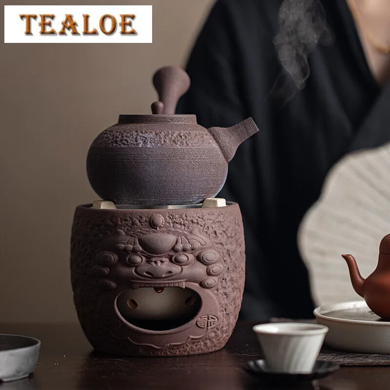 Rock Mud Handmade Lion Dance Tea Warmer Stove Household Side Handle Teapot Warmer Zen Tea Kettle Stand Ceremony Decoration