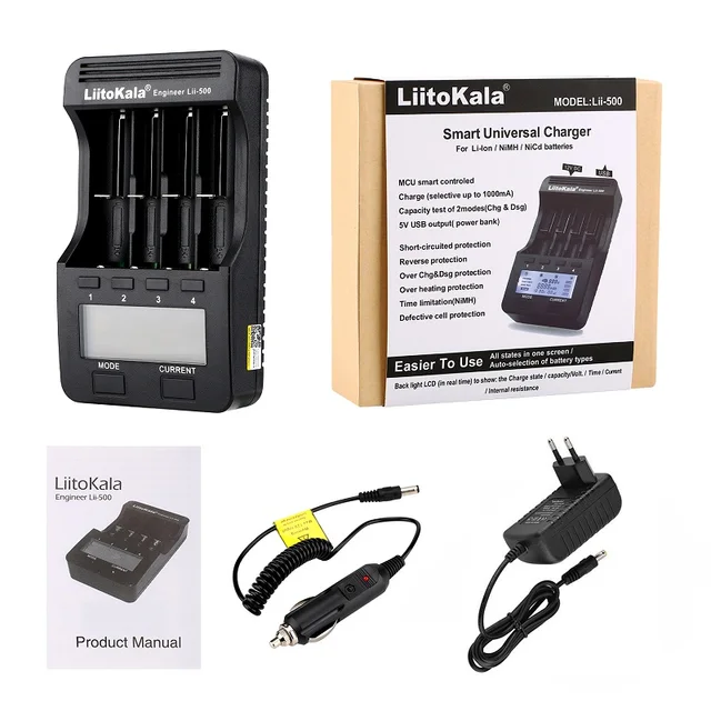 LiitoKala lii-500 LCD 3.7V/1.2V AA/AAA 18650/26650/16340/14500/10440/18500 Battery Charger with screen+12V2A adapter lii500 5V1A lii-500 and car